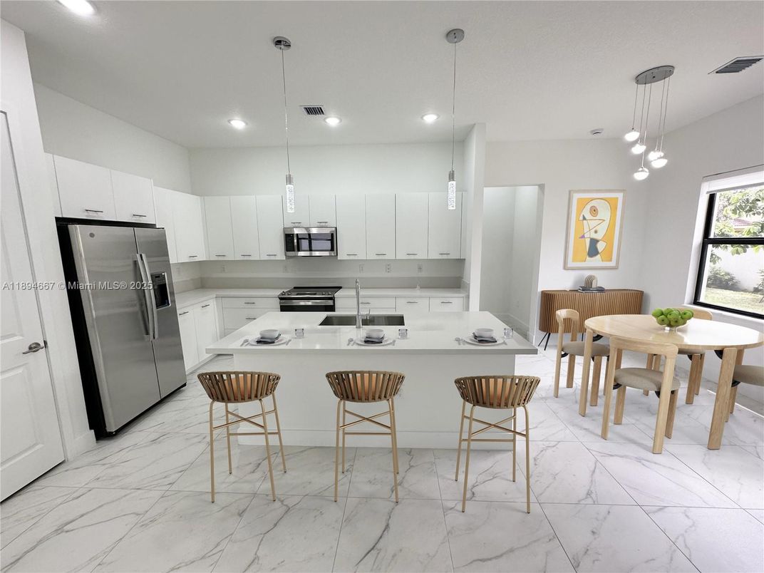 Interior, Kitchen, Marble, Pendant Lights, Recessed Lighting, Stainless Steel Appliances