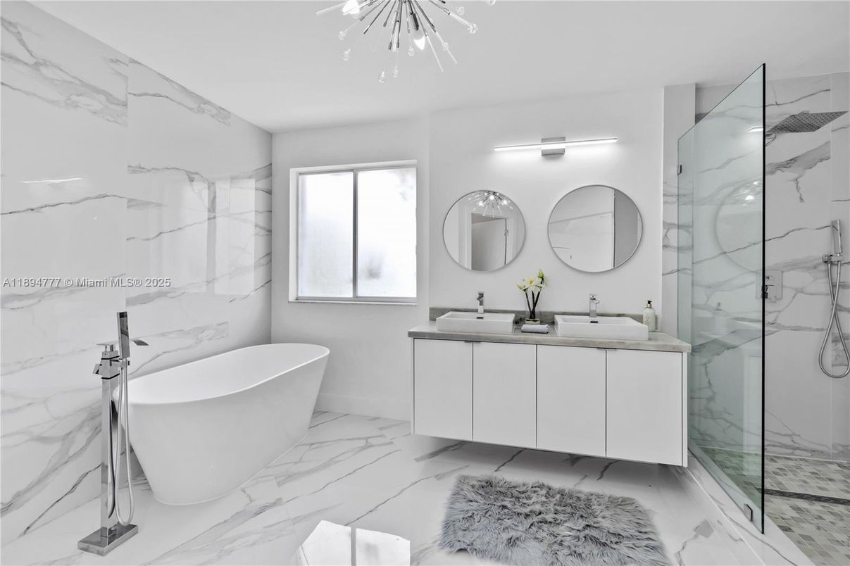 Bathroom, Dual Sink Vanities, Free Standing Baths, Glass Shower, Interior, Marble, Marble Walls