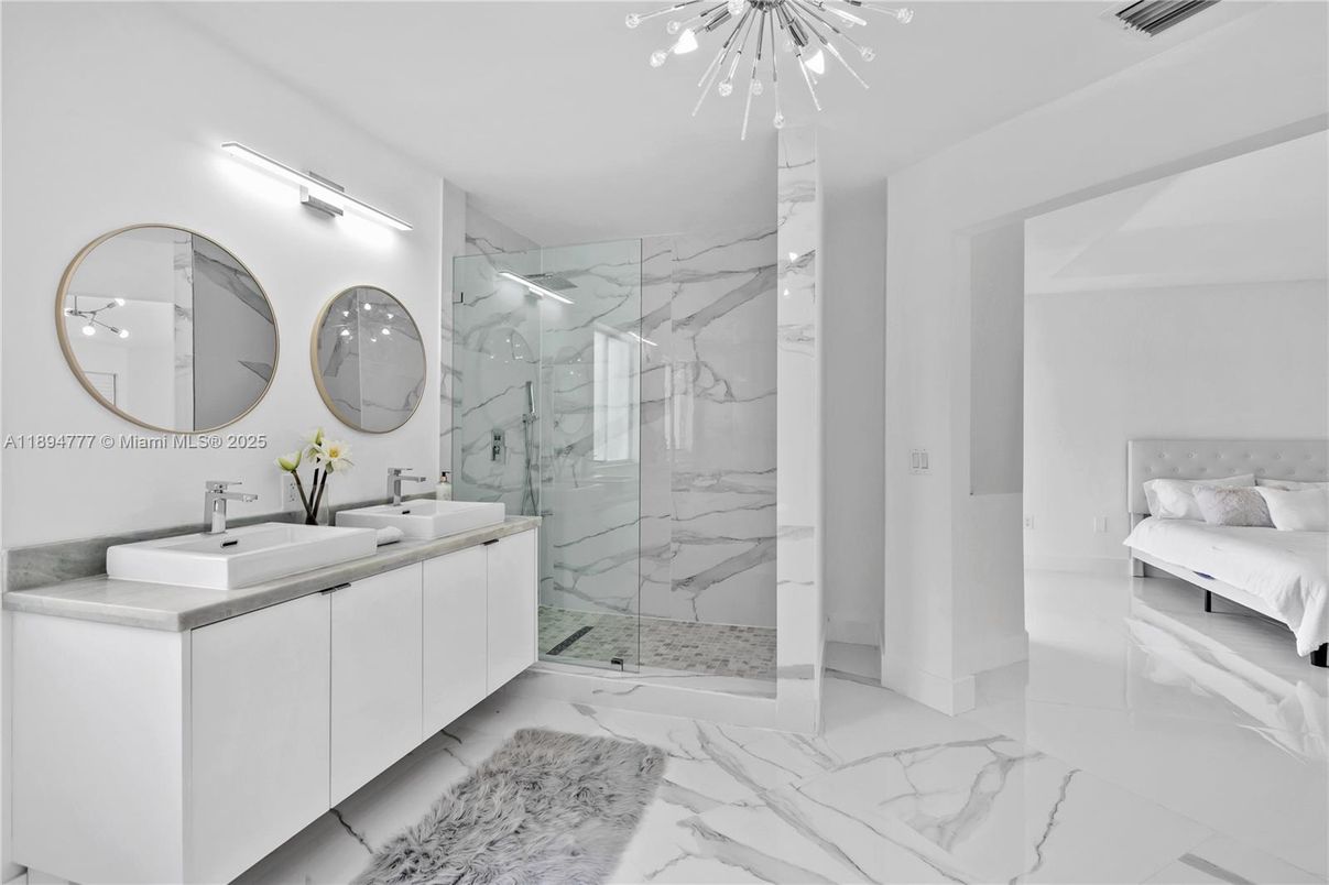 Bathroom, Bedroom, Dual Sink Vanities, Glass Shower, Interior, Marble, Marble Walls