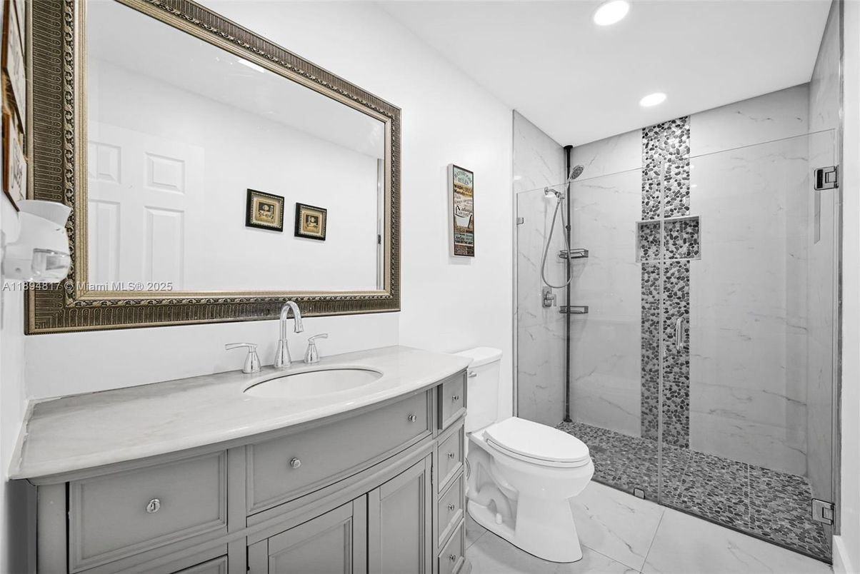 Bathroom, Glass Shower, Interior, Marble, Marble Walls, Recessed Lighting