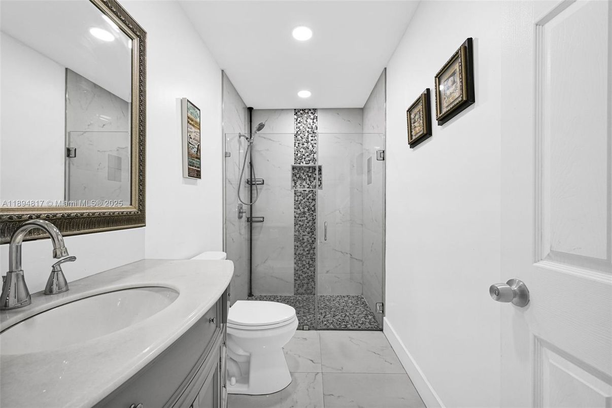 Bathroom, Glass Shower, Interior, Marble, Marble Walls, Recessed Lighting