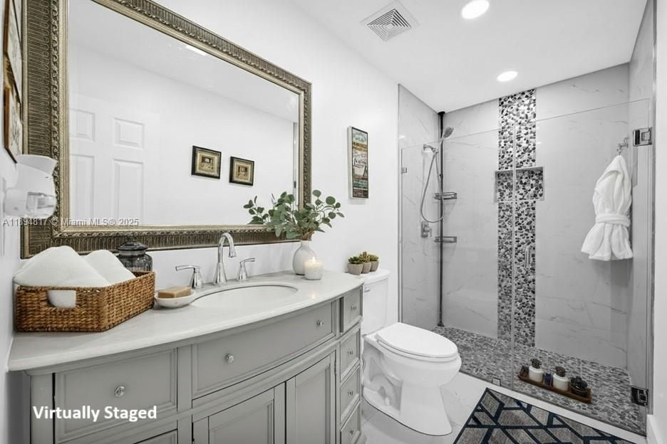 Bathroom, Glass Shower, Interior, Marble Walls, Recessed Lighting