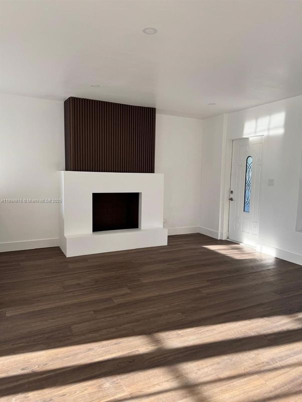 Empty room, Fireplace, Interior, Recessed Lighting, Wood Texture Flooring