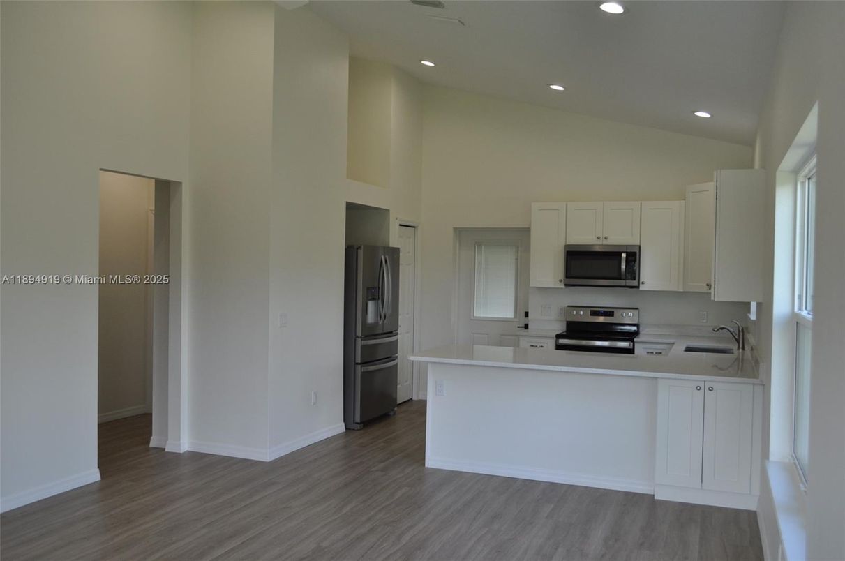 Interior, Kitchen, Recessed Lighting, Stainless Steel Appliances, Wood Texture Flooring