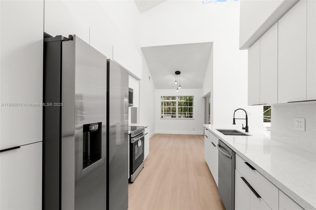 Interior, Kitchen, Pendant Lights, Stainless Steel Appliances, Wood Texture Flooring