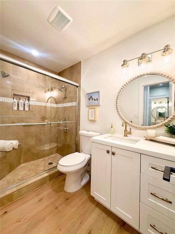 Bathroom, Glass Shower, Interior, Wood Texture Flooring