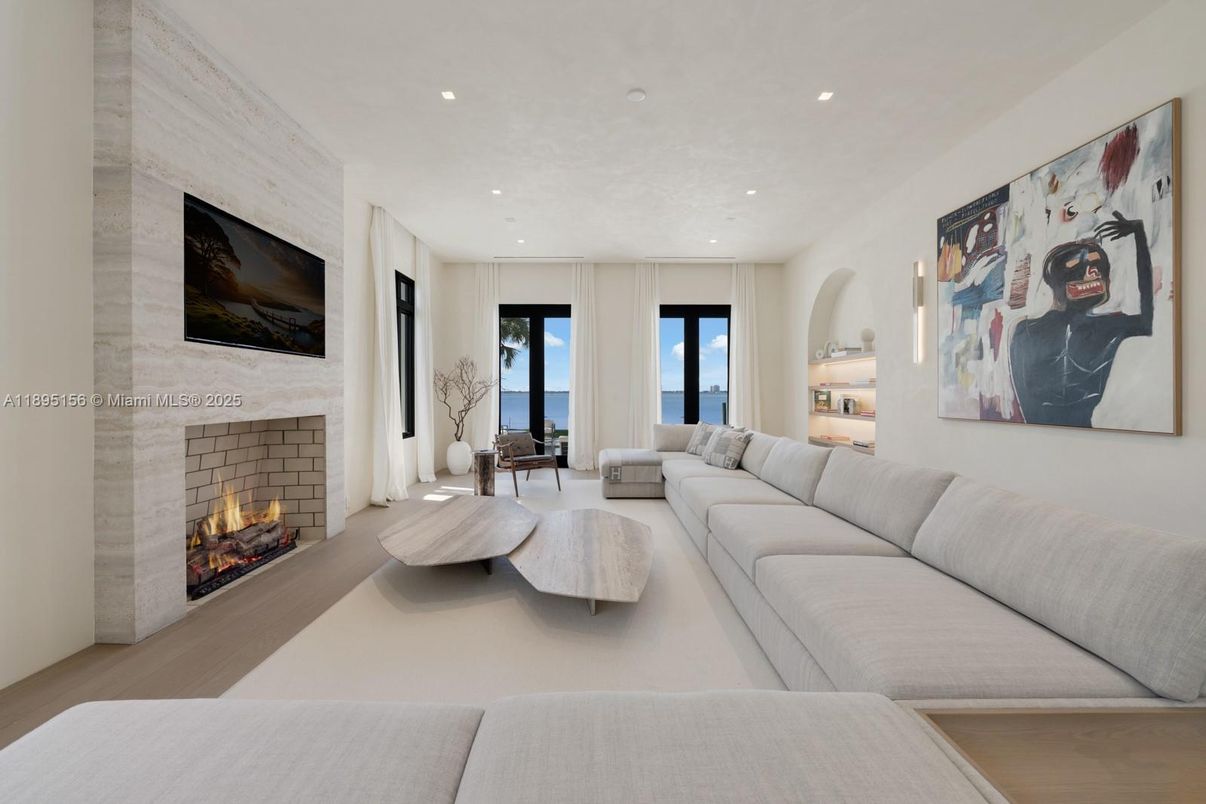 Fireplace, Interior, Living room, Recessed Lighting, Stone Walls, Water