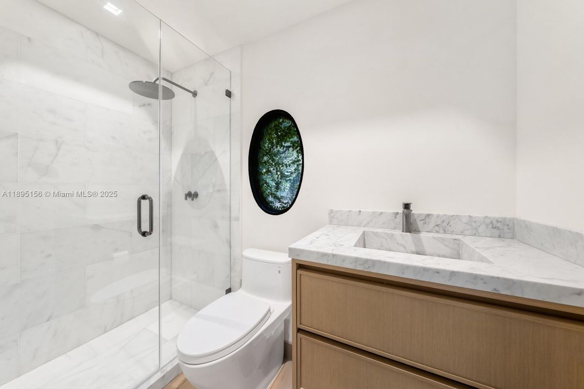 Bathroom, Glass Shower, Interior, Marble Walls, Recessed Lighting