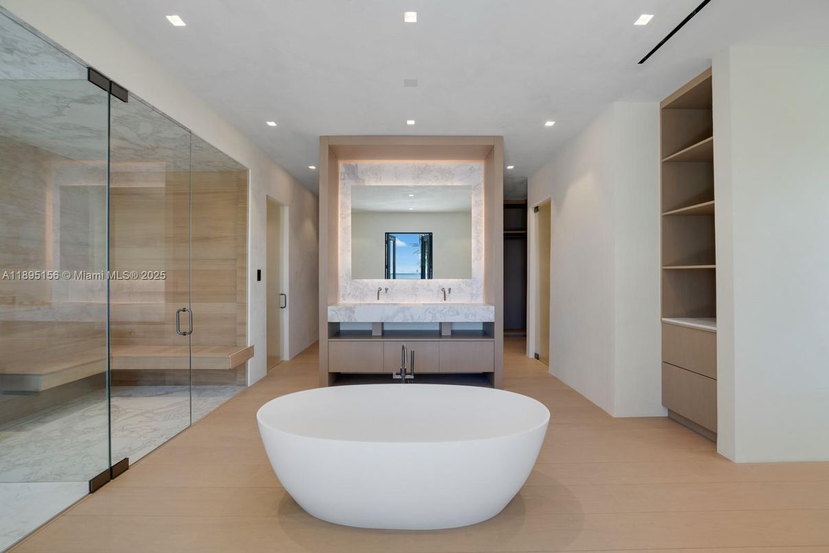 Bathroom, Free Standing Baths, Glass Shower, Interior, Recessed Lighting