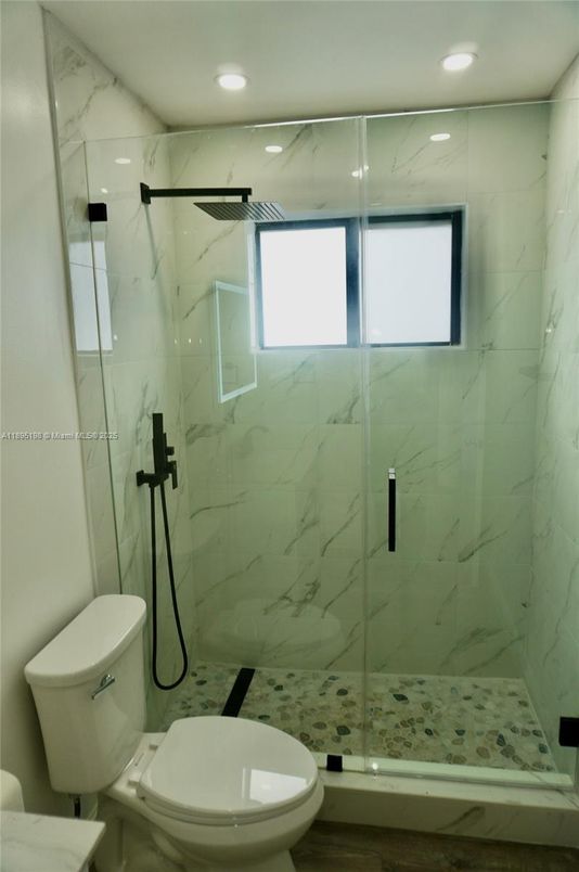 Bathroom, Glass Shower, Interior, Marble Walls, Recessed Lighting