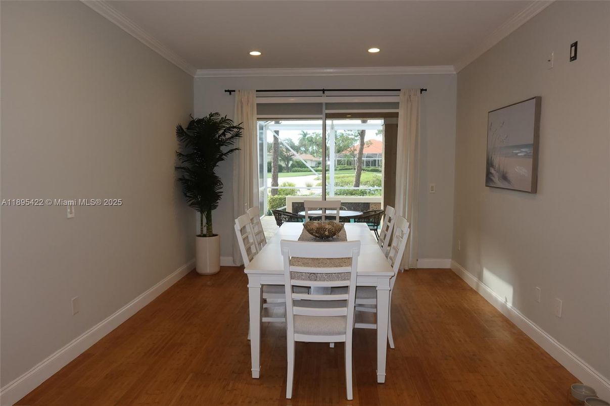 Dining room, Interior, Recessed Lighting, Wood Texture Flooring