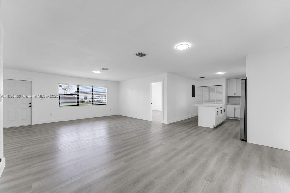 Empty room, Interior, Kitchen, Recessed Lighting, Wood Texture Flooring