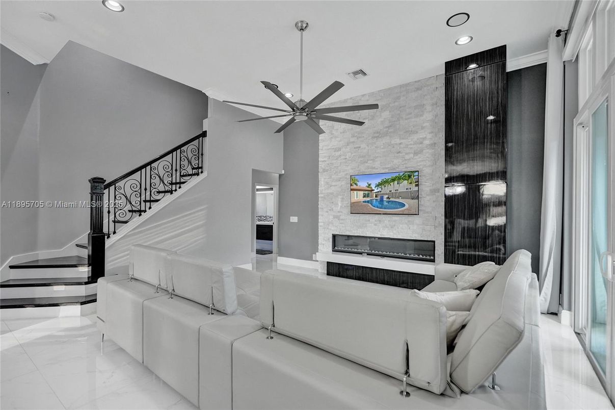 Fireplace, Interior, Living room, Marble, Recessed Lighting, Stone Walls