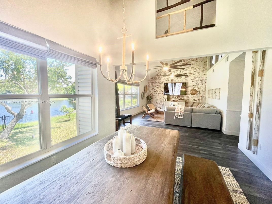 Chandelier, Interior, Living room, Stone Walls, Water, Wood Texture Flooring