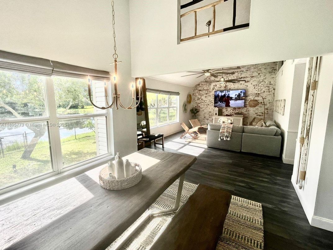 Dining room, Interior, Pendant Lights, Stone Walls, Wood Texture Flooring