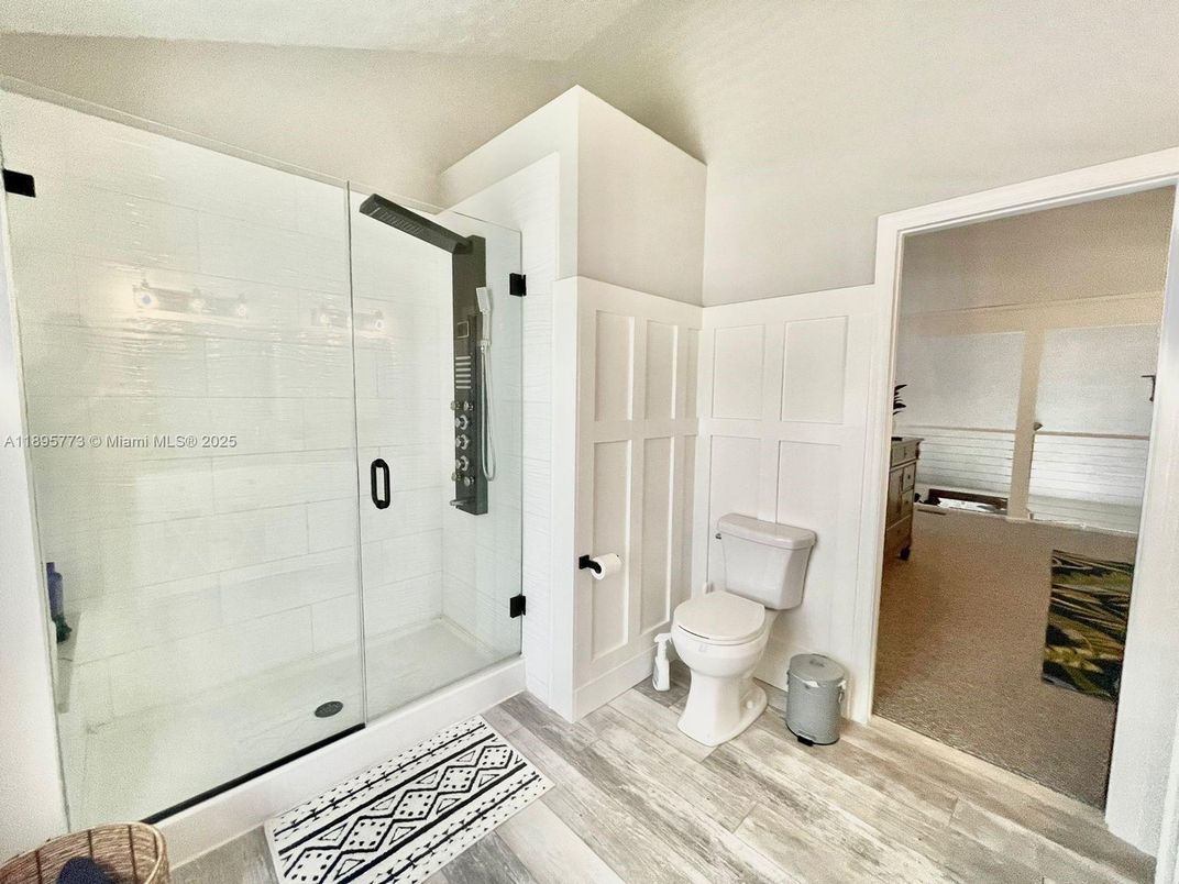 Bathroom, Glass Shower, Interior, Wood Texture Flooring