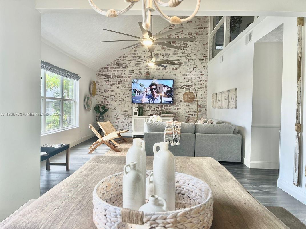 Chandelier, Dining room, Interior, Living room, Stone Walls, Wood Texture Flooring