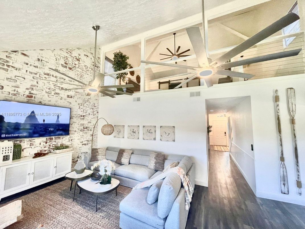 Interior, Living room, Pendant Lights, Stone Walls, Wood Texture Flooring
