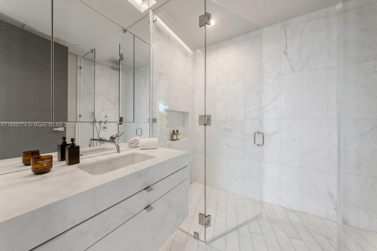 Bathroom, Glass Shower, Interior, Marble Walls, Recessed Lighting