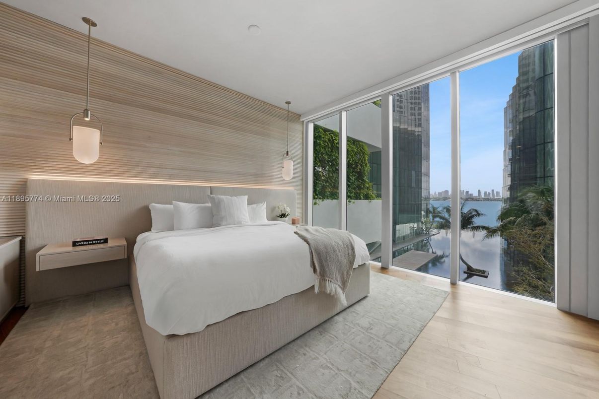 Bedroom, Interior, Pendant Lights, Water, Wood Texture Flooring
