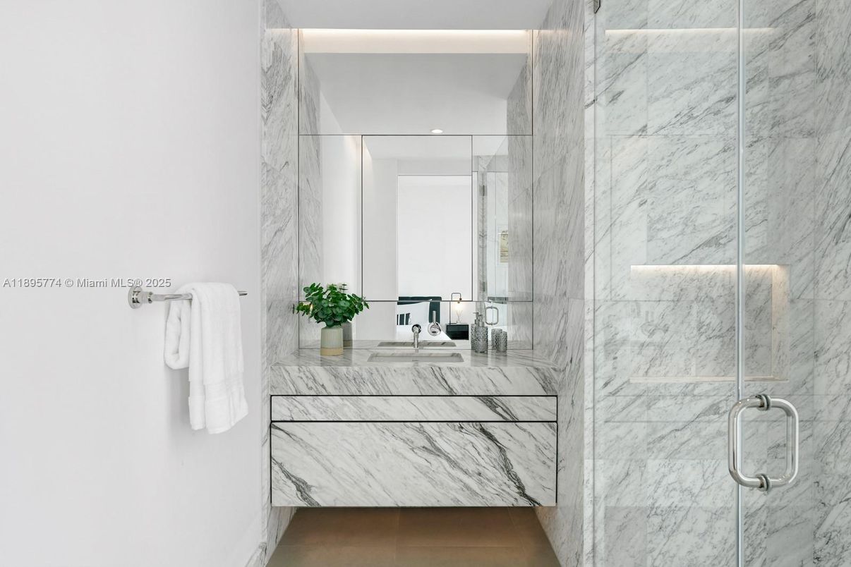 Bathroom, Glass Shower, Interior, Marble Walls, Recessed Lighting
