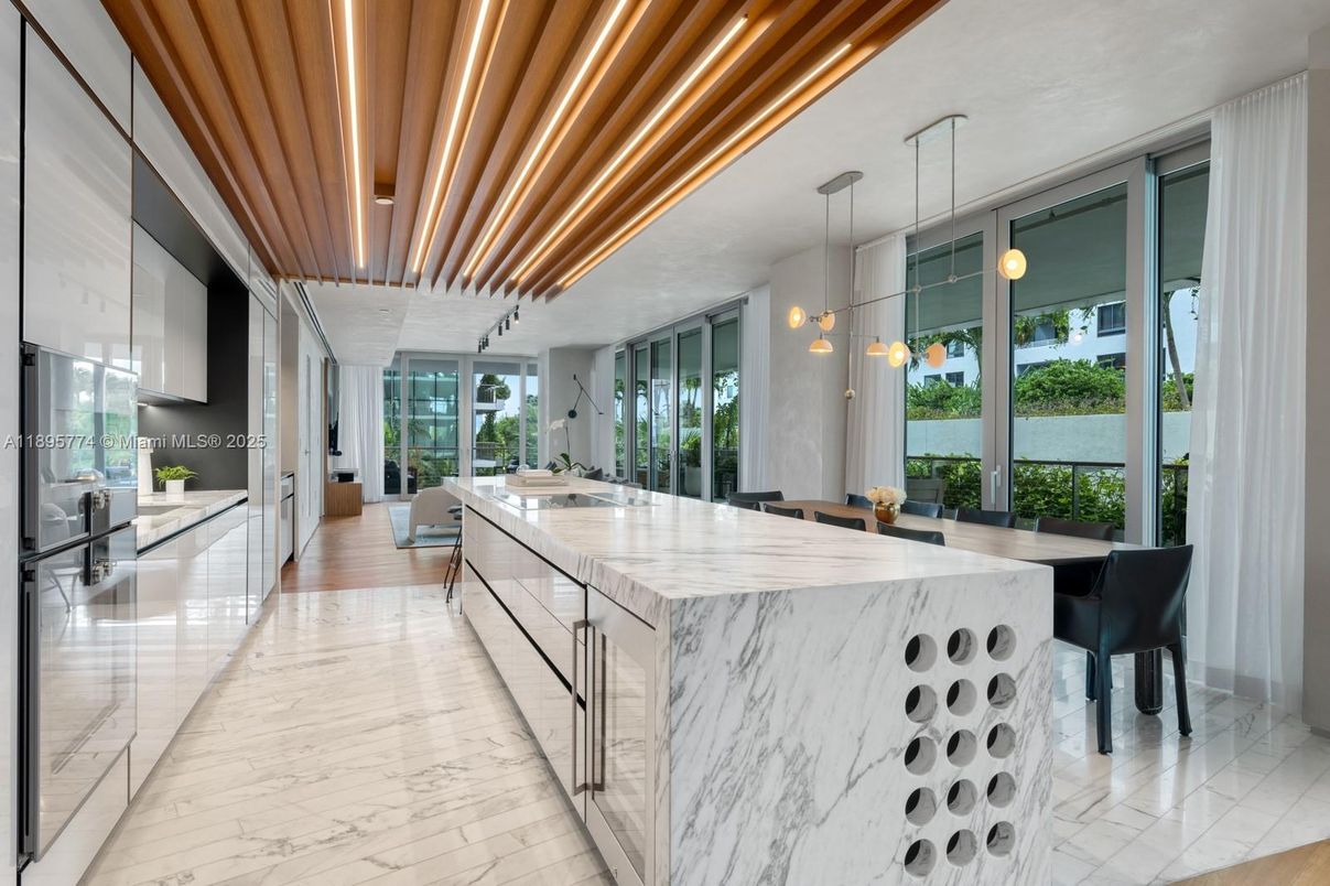 Interior, Kitchen, Marble, Pendant Lights, Water, Wood Texture Flooring