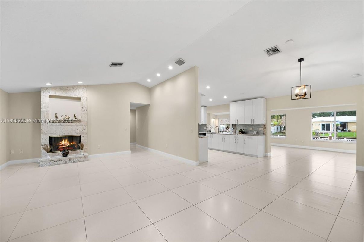 Empty room, Fireplace, Interior, Kitchen, Pendant Lights, Recessed Lighting