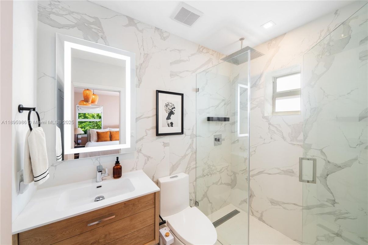 Bathroom, Glass Shower, Interior, Marble Walls, Recessed Lighting