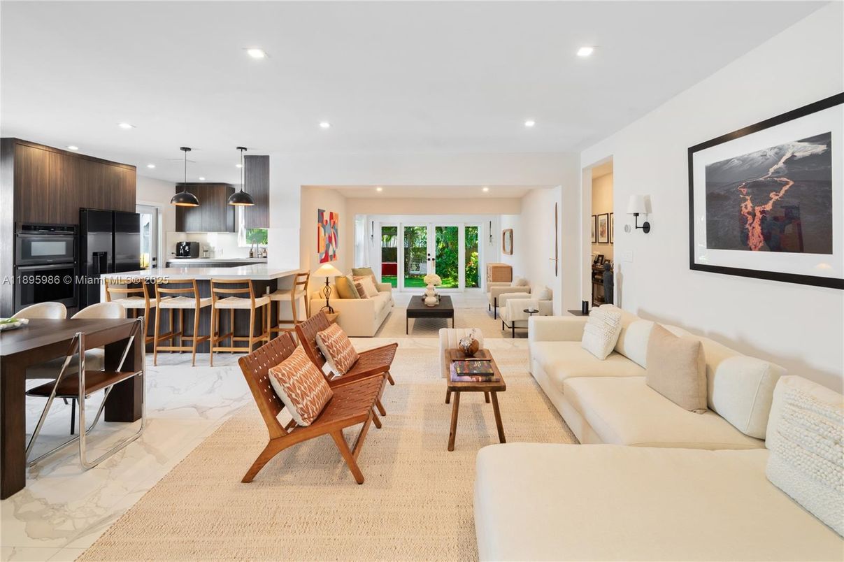 Dining room, Interior, Kitchen, Living room, Marble, Pendant Lights, Recessed Lighting, Stainless Steel Appliances