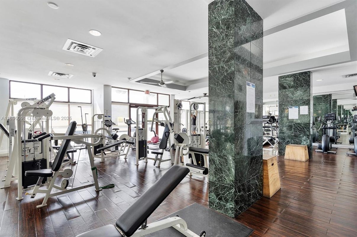 Fitness Equipment, Gym, Interior, Recessed Lighting, Wood Texture Flooring