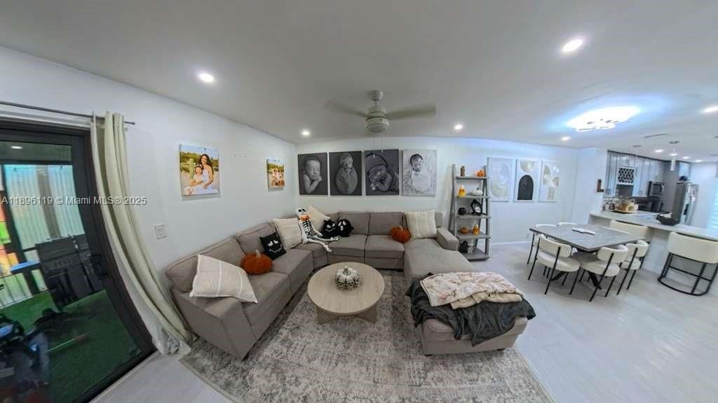 Dining room, Interior, Kitchen, Living room, Recessed Lighting, Wood Texture Flooring