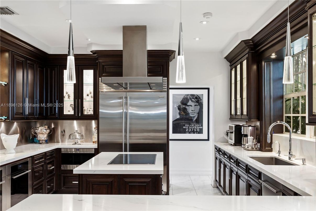Interior, Kitchen, Marble, Pendant Lights, Recessed Lighting, Stainless Steel Appliances
