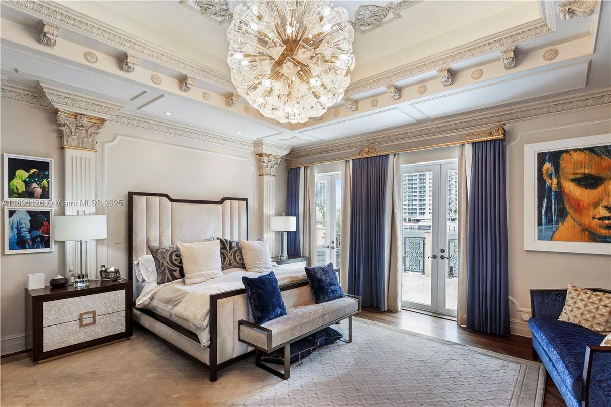 Bedroom, Chandelier, Interior, Recessed Lighting, Wood Texture Flooring