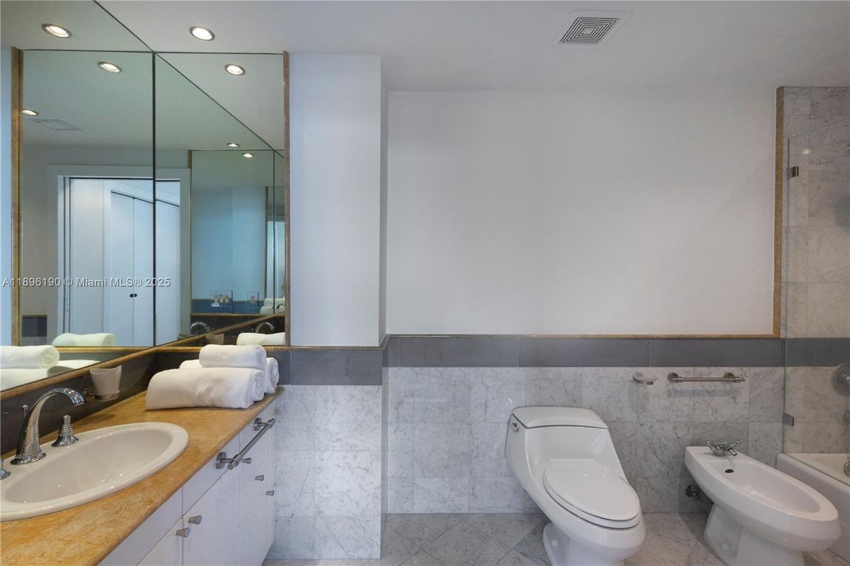 Bathroom, Dual Sink Vanities, Interior, Marble, Recessed Lighting