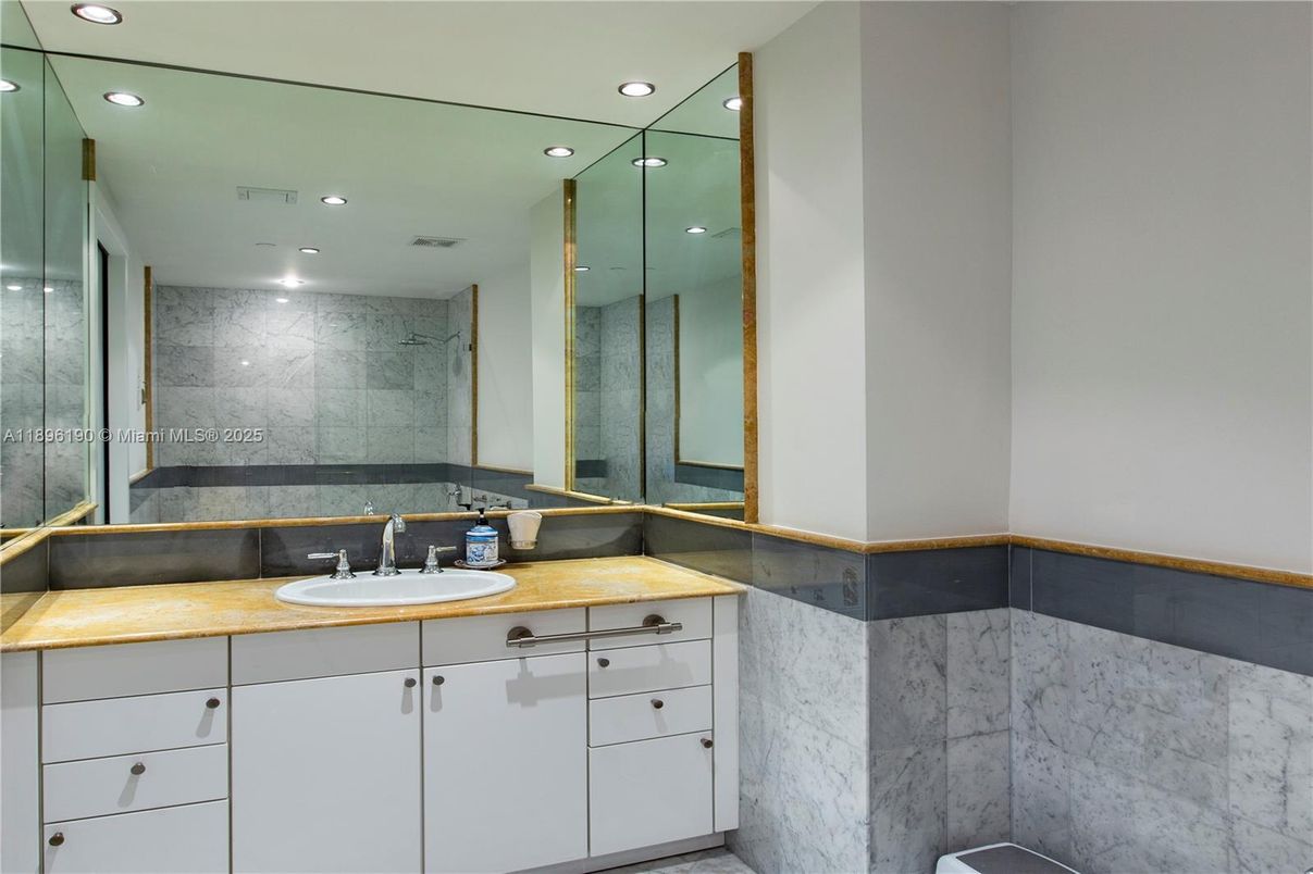 Bathroom, Glass Shower, Interior, Marble Walls, Recessed Lighting