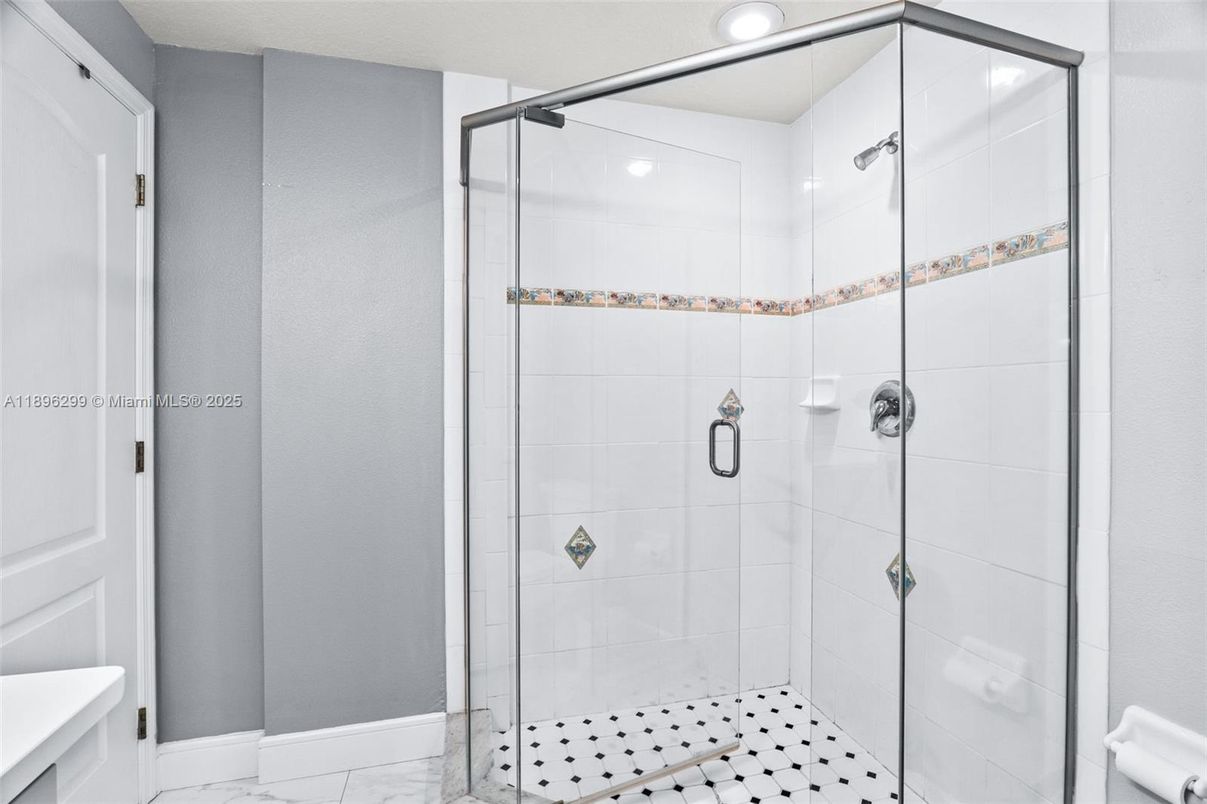 Bathroom, Glass Shower, Interior, Marble, Recessed Lighting