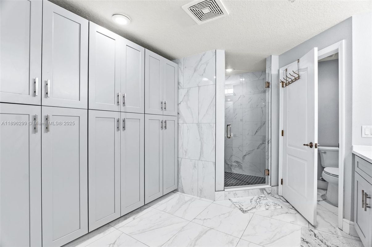 Bathroom, Glass Shower, Interior, Marble, Marble Walls, Recessed Lighting