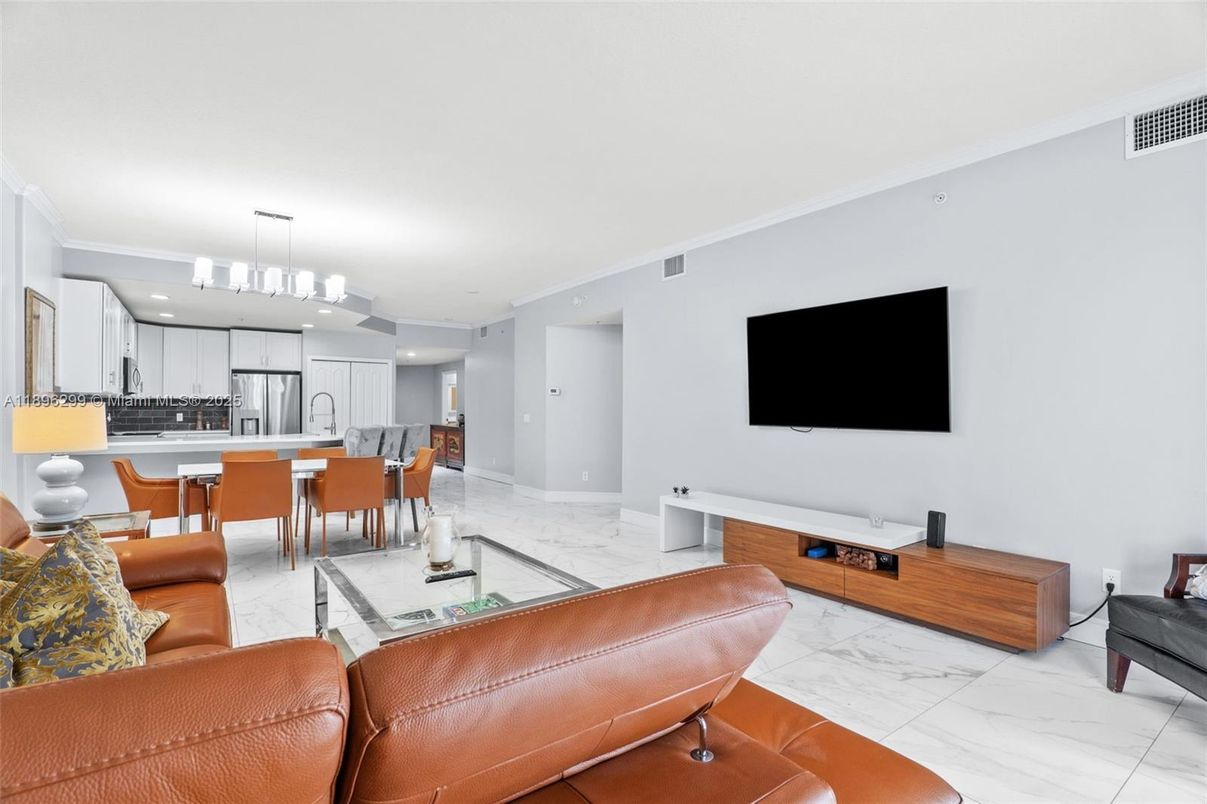 Dining room, Interior, Kitchen, Living room, Marble, Pendant Lights, Recessed Lighting