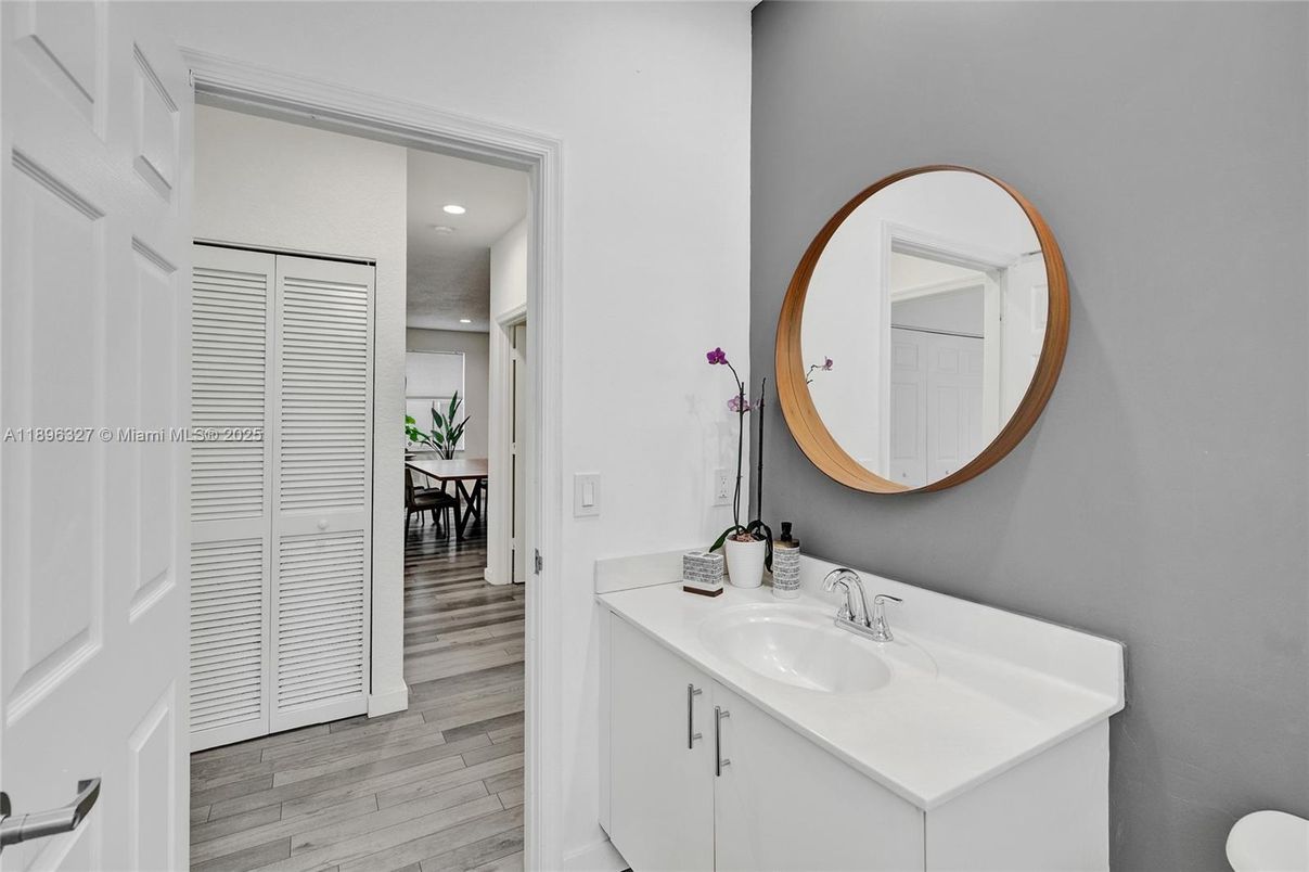 Bathroom, Interior, Recessed Lighting, Wood Texture Flooring