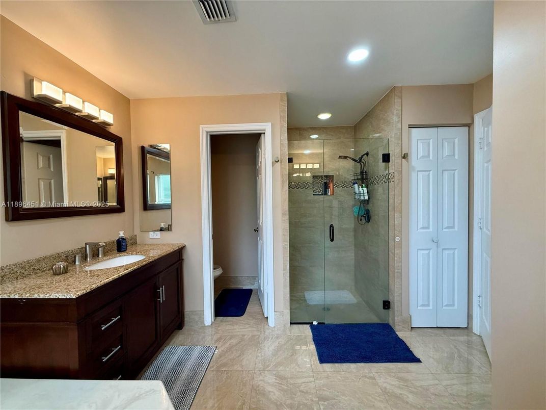 Bathroom, Dual Sink Vanities, Glass Shower, Interior, Recessed Lighting