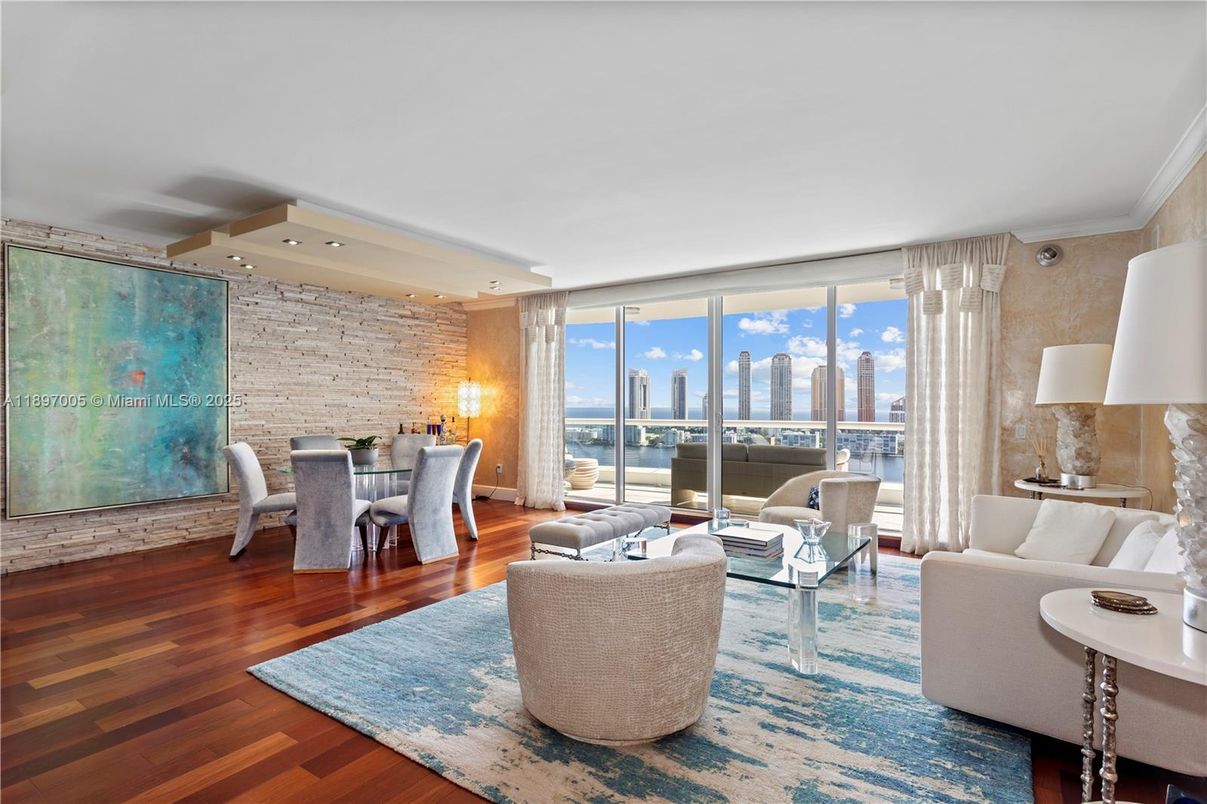Dining room, Interior, Living room, Recessed Lighting, Stone Walls, Water, Wood Texture Flooring