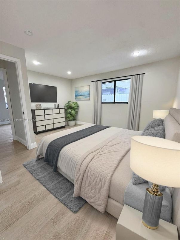 Bedroom, Interior, Recessed Lighting, Wood Texture Flooring