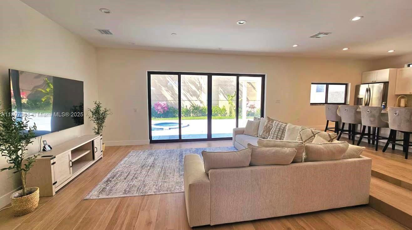 Interior, Kitchen, Living room, Recessed Lighting, Stainless Steel Appliances, Wood Texture Flooring