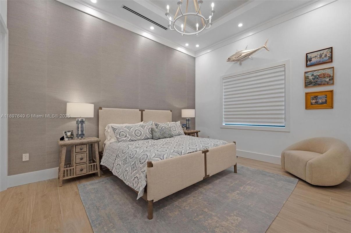 Bedroom, Chandelier, Interior, Recessed Lighting, Wood Texture Flooring