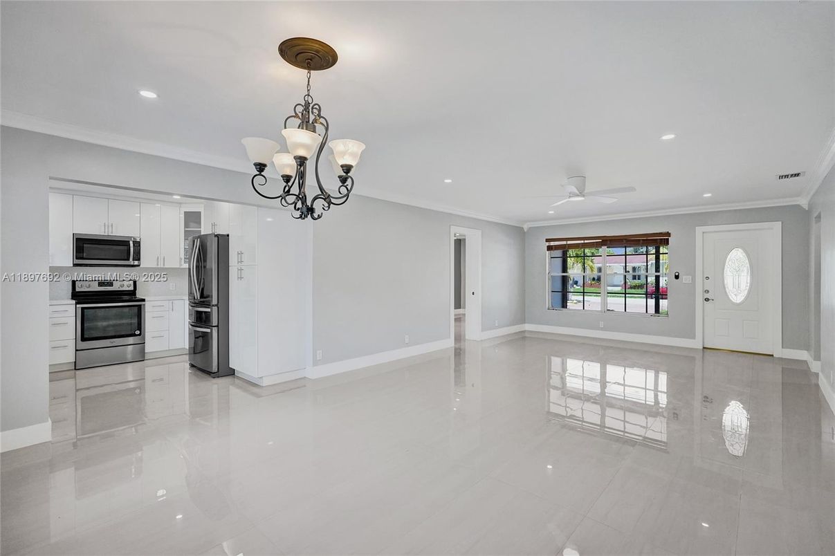 Chandelier, Empty room, Interior, Kitchen, Recessed Lighting, Stainless Steel Appliances
