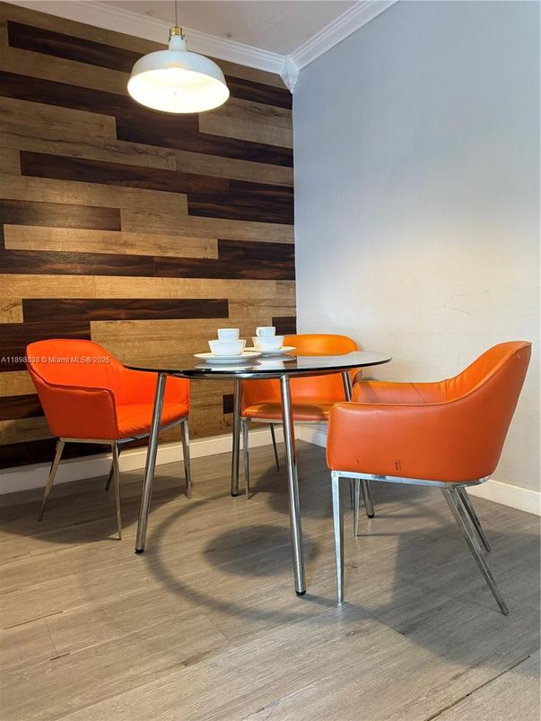 Dining room, Interior, Pendant Lights, Wood Texture Flooring, Wooden Walls
