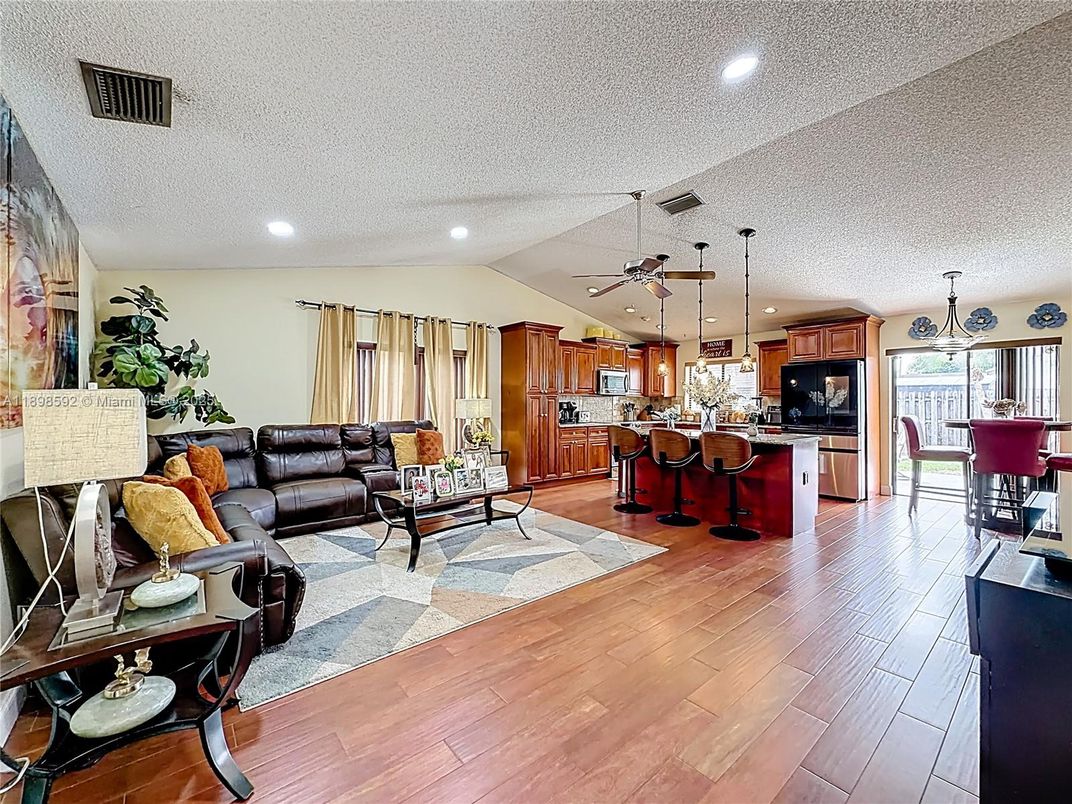 Dining room, Interior, Kitchen, Living room, Pendant Lights, Recessed Lighting, Wood Texture Flooring