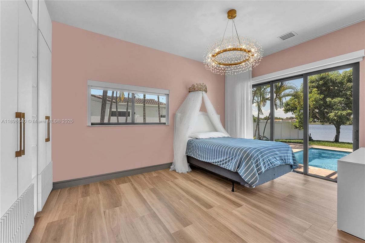 Bedroom, Chandelier, Interior, Water, Wood Texture Flooring