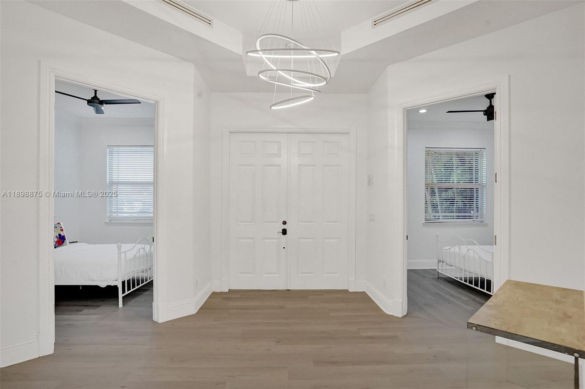 Bedroom, Interior, Pendant Lights, Recessed Lighting, Wood Texture Flooring