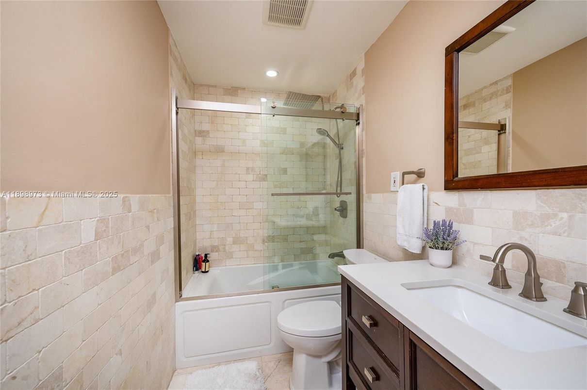 Bathroom, Glass Shower, Interior, Recessed Lighting, Stone Walls